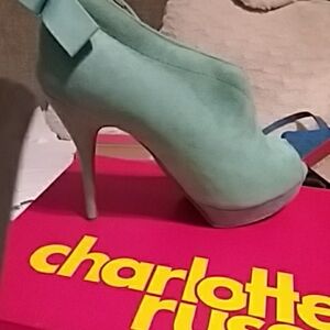 Charlotte Russe Mint Suede Peep-Toe Platform Heels with Back Bow